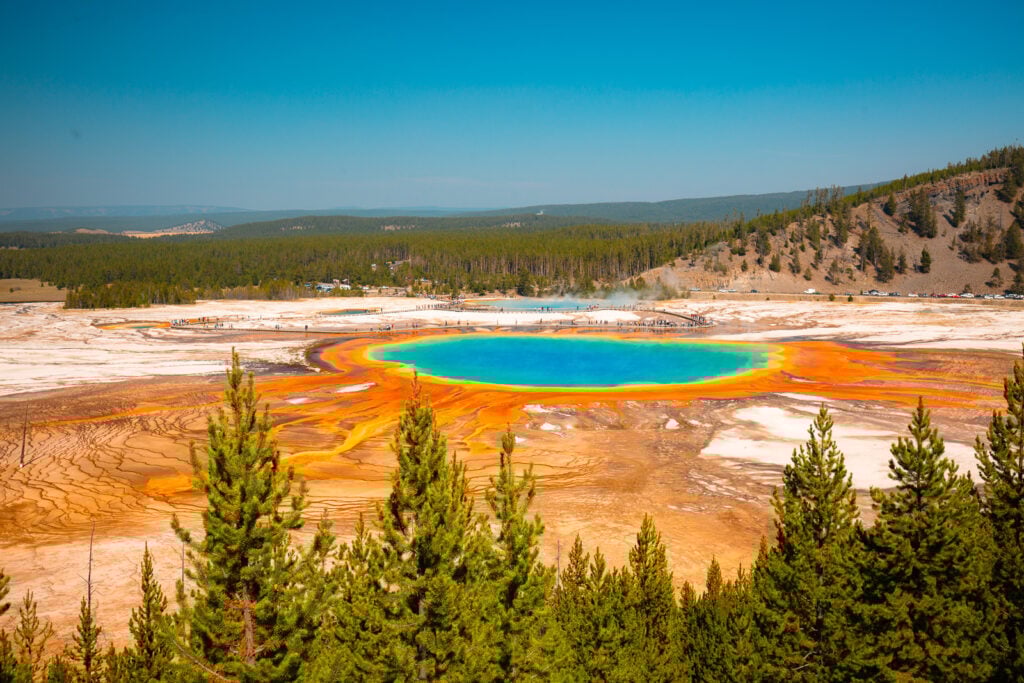 View of Grand Prismatic Spring from the Fairy Falls Trail in Yellowstone National Park